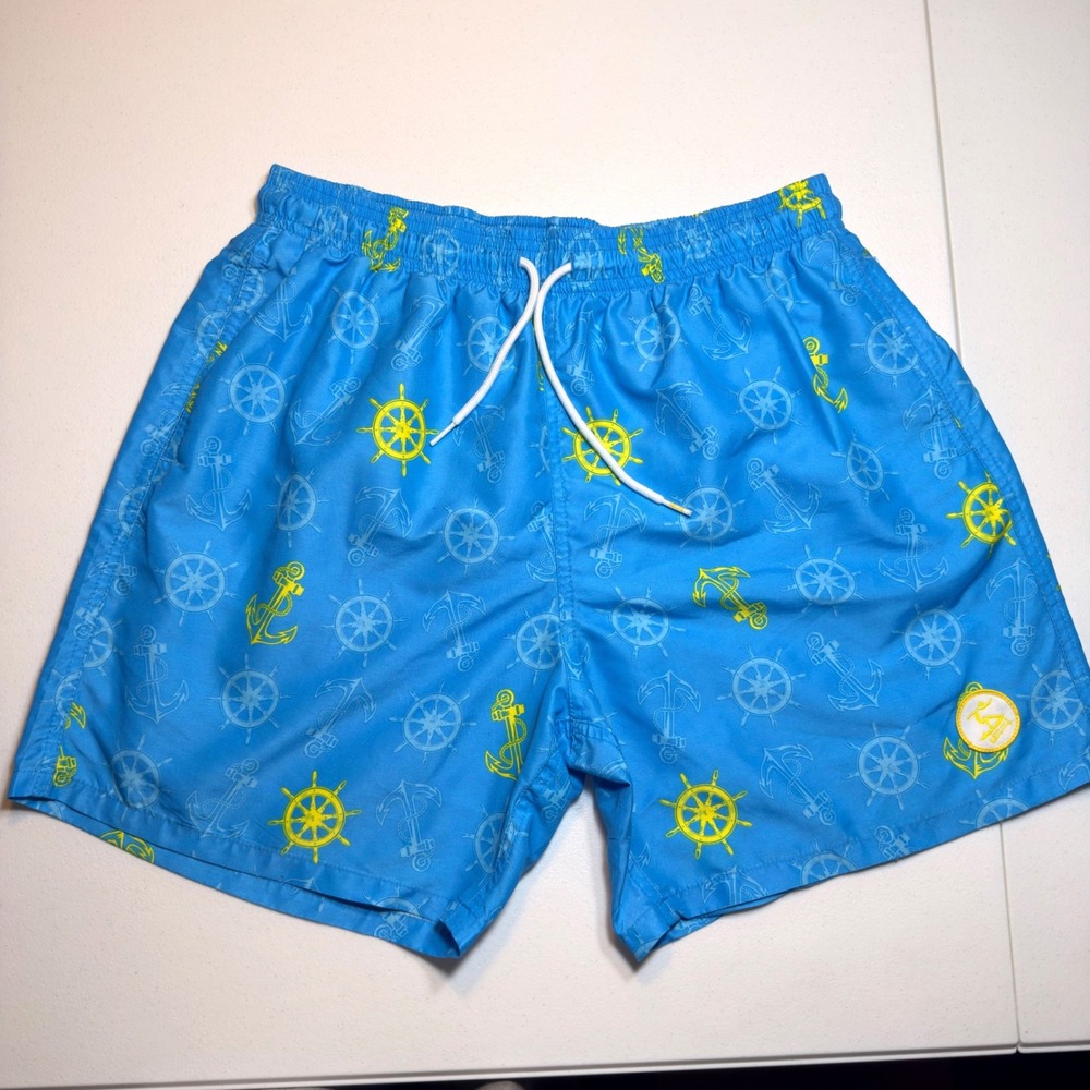 Uzzi Nautical Swim Trunks Mens Large Blue Anchor Ship Wheel Board Shorts L